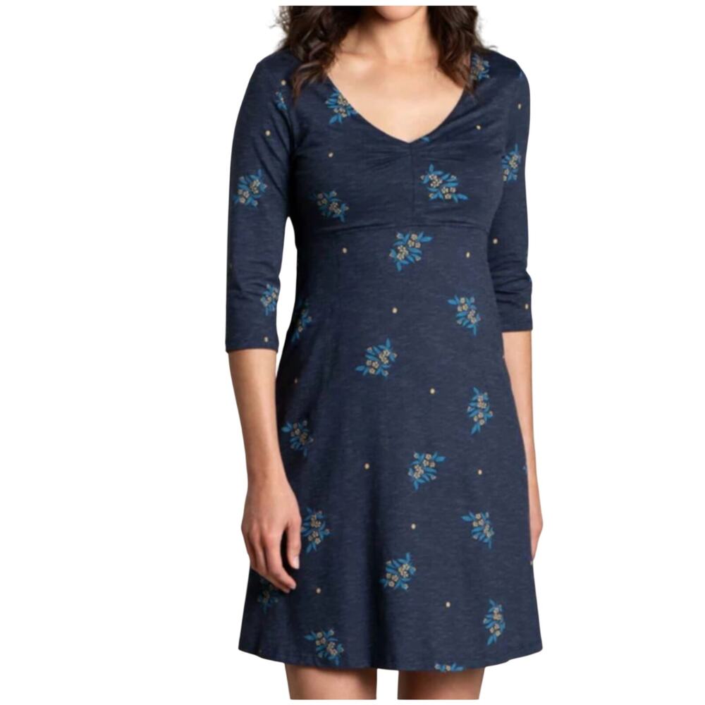 Toad & Co Rosalinda Dress Size L Blue Floral 3/4 Sleeve Tencel Organic Cotton